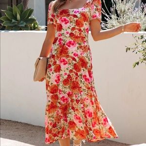 AVIANA FLORAL SQUARE NECK MIDI DRESS - MULTI